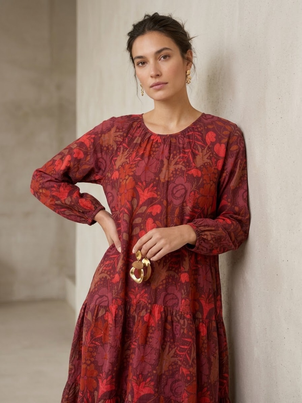 Gudrun Sjödén Organic Cotton Floral Tiered Smock Midi Dress M Burgundy Maroon